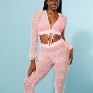 Yitty Women's Knit Slip Plunge Drawstring Long Sleeve Cropped Top Pink Size XXL